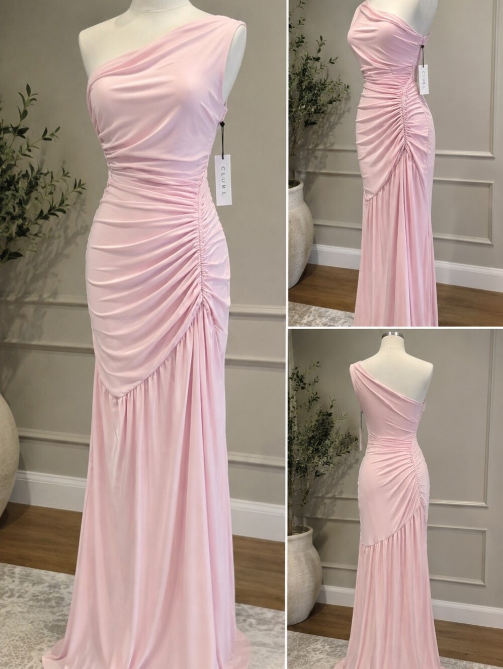 Club L London Kady Pink Asymmetric Ruched Maxi Dress US 2 NWT $168 Retail